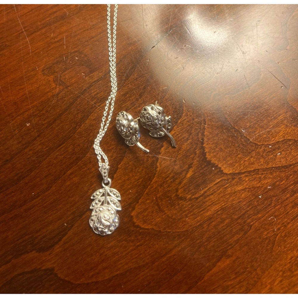 Rose pendant set w/ matching earrings, pave diamonds rose necklace silver chain